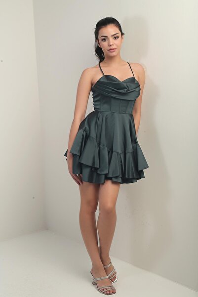 By Saygı Women's String Strap Back Tie Underwire Skirt Layered Lined Satin Short Dress