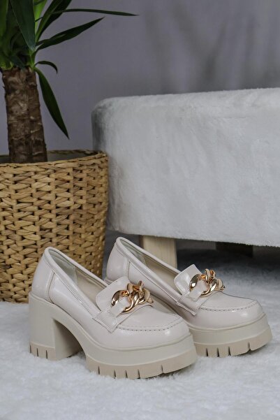 asmi shoes Women's Thick Buckle 8 cm Platform Loafer Shoes Beige Patent Leather