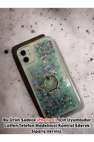Merwish Apple iPhone 11 Uyumlu Sulu Simli Yüzüklü Standlı Parlak Silikon Kılı...