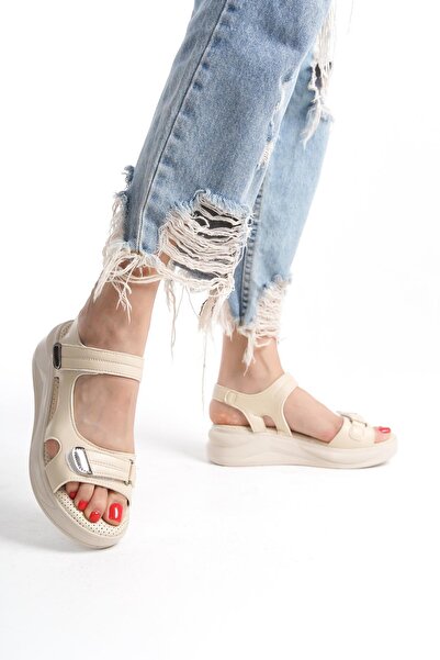 asmi shoes Γυναικεία κρέμα σανδάλια με ορθοπεδική σόλα Aston Comfort με Velcro