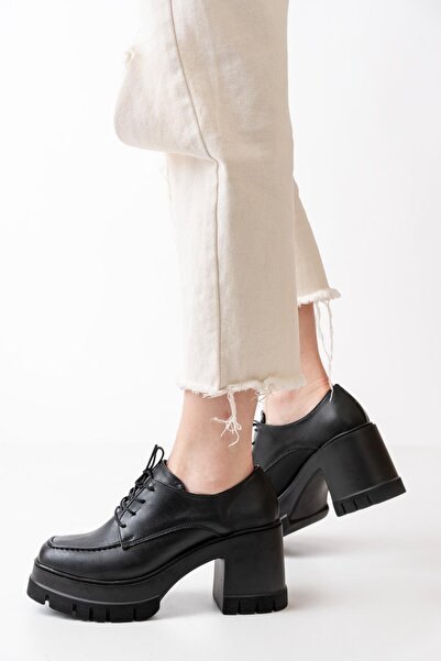 asmi shoes Women's Vanda Skin Black Lace-Up 8 cm Heeled Platform Shoes Black