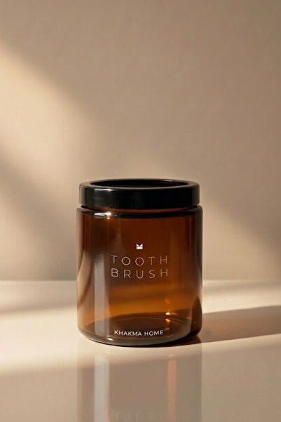 KHAKMA وعاء فرشاة الأسنان الزجاجي الكهرماني - حامل فرشاة الأسنان - منظم حمام أنيق، تصميم عصري - 250 مل