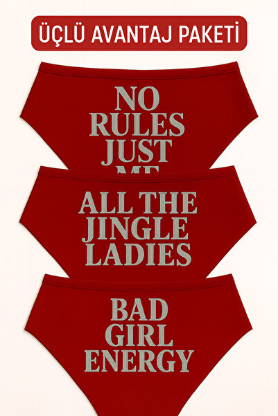 TWINTICKS Pack of 3 Red Christmas Themed Women's Slip Panties, Metallic Lettering Printed , Fun Underwear