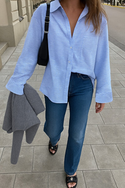 King Brothers Pinterest Shirt Loose Fit Blue Striped Boyfriend Women's Oversize Shirt with Pockets New Season