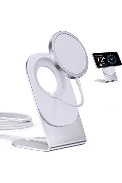 Elindor MagSafe 20W Wireless Charger, Aluminum, iPhone 15/14/13/12, AirPods, Adapter and 1.5m Cable, Silver