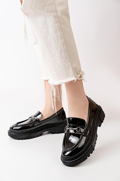 asmi shoes Mocasini damă din piele lăcuită negri cu cataramă subțire, negri