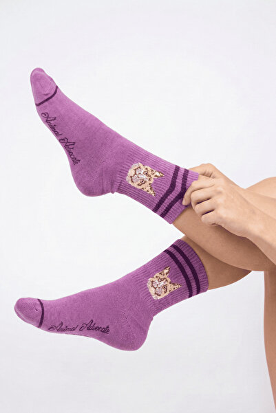 Trampoline جوارب طويلة منقوشة على شكل قطة - جوارب منقوشة - جوارب طويلة أرجوانية