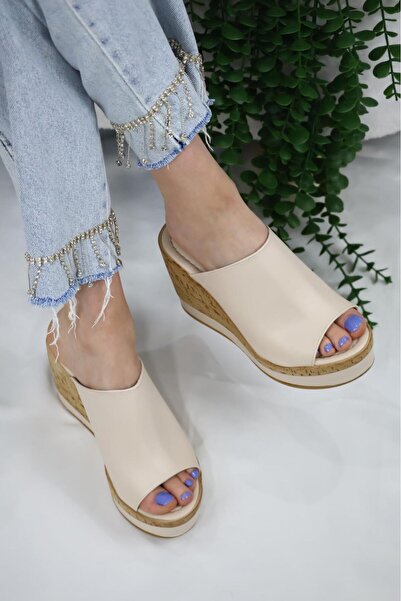 asmi shoes Papuci de damă cu toc de 10 cm, bej, cu talpă căptușită din plută și bandă înfășurată