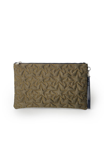Ecrou Star Patterned Green Suede Portfolio & Clutch Bag 30×19cm