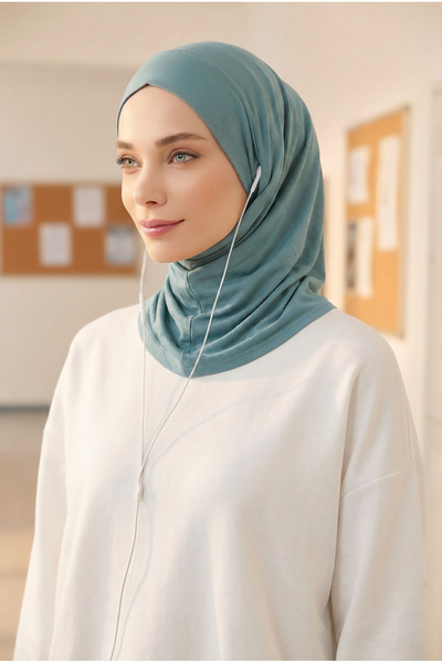 Aisha's Design Combed Cotton Bonnet with Neck Covering Feature and Headphone Opening, B-94, Dark Mint
