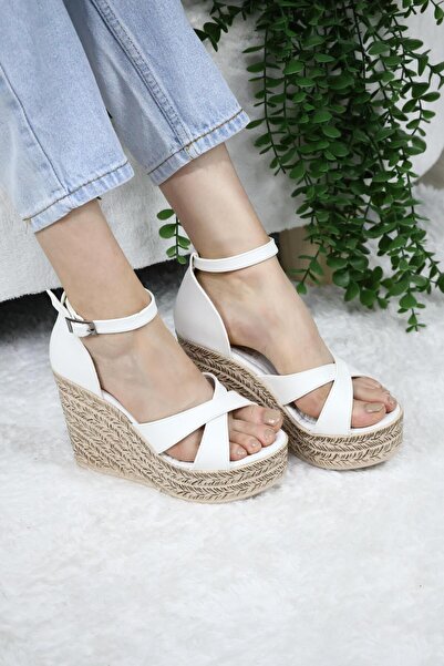 asmi shoes Toc plat pentru femei cu barete încrucișate (11 cm) Tocuri înalte confortabile 700 alb