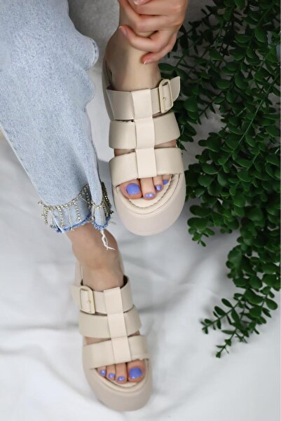 asmi shoes Papuci ortopedici Mikeno pentru femei, cu cataramă din trei cu vipușcă și talpă groasă, bej