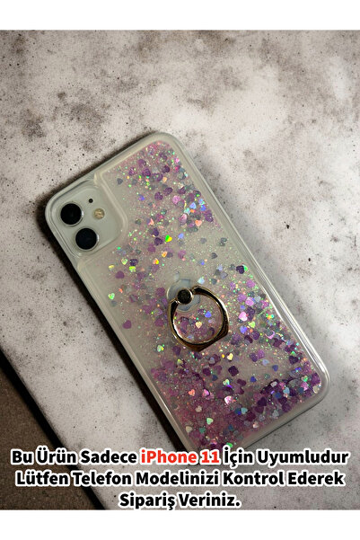 Merwish Apple iPhone 11 Uyumlu Sulu Simli Yüzüklü Standlı Parlak Silikon Kılı...