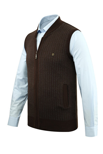 Çizgi Triko Γραμμική Πλεκτή Ανδρική Πλεκτή Γιλέκο με Φερμουάρ και Τσέπες Χάλυβα Κλασική Σιλουέτα - 5004J