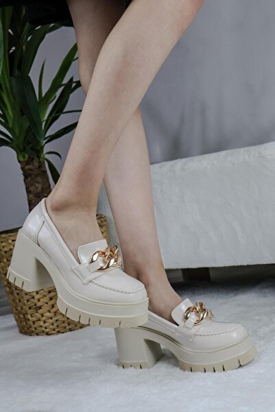 asmi shoes Women's Thick Buckle 8 cm Platform Loafer Shoes Beige Patent Leather