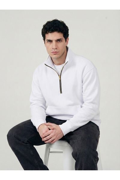 Oversize Gold Fermuarlı Beyaz Sweatshirt