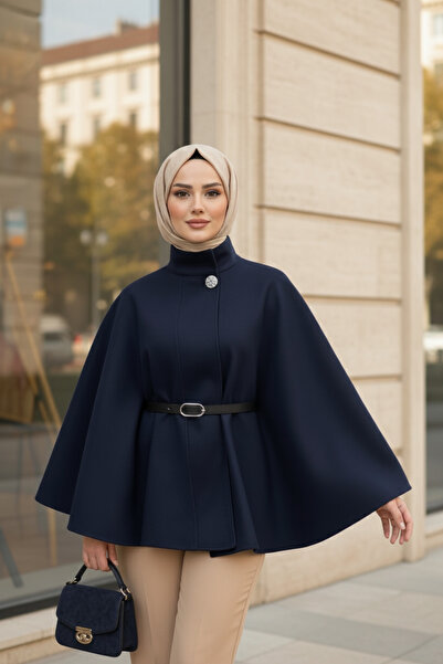 Zeneva Collection Lacivert Silver Detaylı Kaşe Pelerin Panço 6100-TES