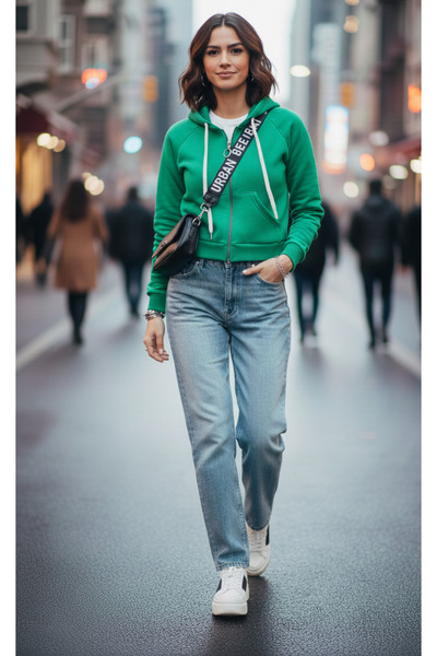 Begonia Design Kadın Yeşil Fermuarlı Içi Şardonlu Sweat