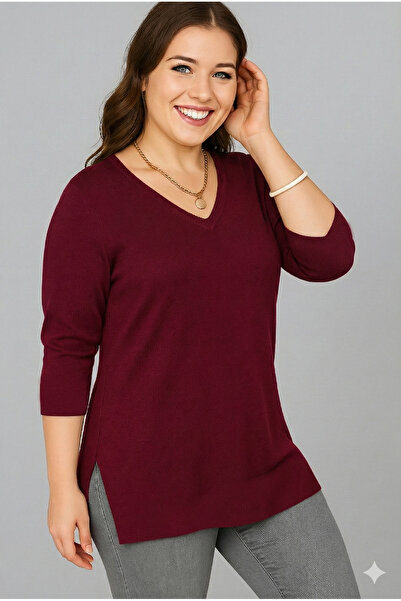 Curvy Trend Plus Size V-Neck Long Sleeve Side Slit Blouse