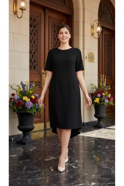Nidya Moda Kadın Siyah Ön Kısa Arka Uzun Krep Elbise-4151s
