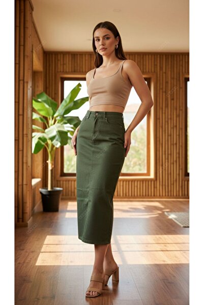 Dema Γυναικεία βαμβακερή φούστα τζιν χακί