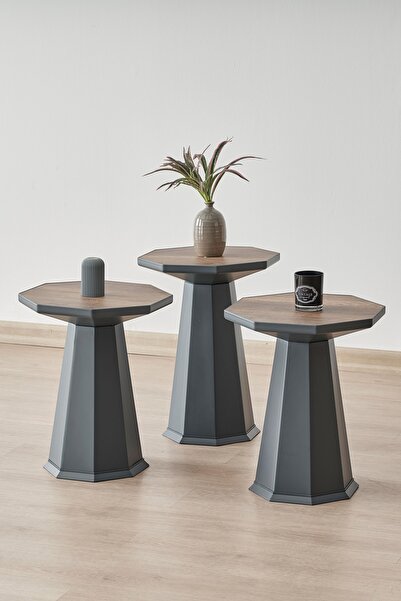 ALTINAKS MOBİLYA Elegance 3'lü Sehpa, Yan Sehpa, Zigon Sehpa - Antrasit & Bar...