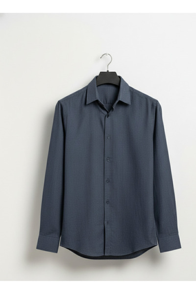 YusGos Long Sleeve Cotton Easy-Iron Textured Regular Fit Premium Men's Shirt Smoked L