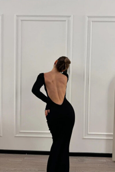 Moda Hour Derin Sırt Dekolteli Kadın Elbise Uzun Kollu Şık Abiye (Aksesuar Dahil Değildir)