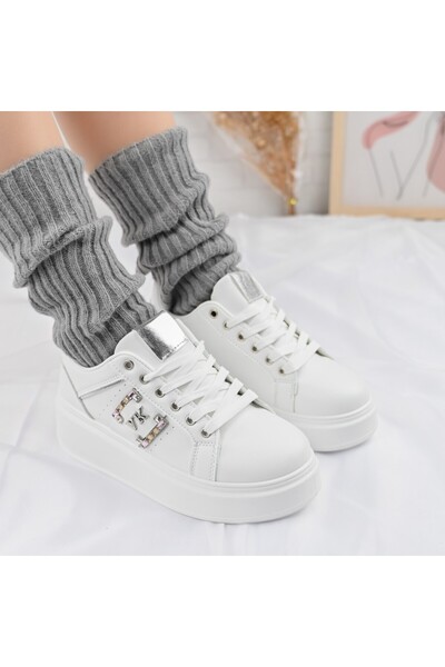 Tmall Pantofi Sport De Dama,Din piele Ecologica,Cu pietre,D1368,Alb cu Argintiu