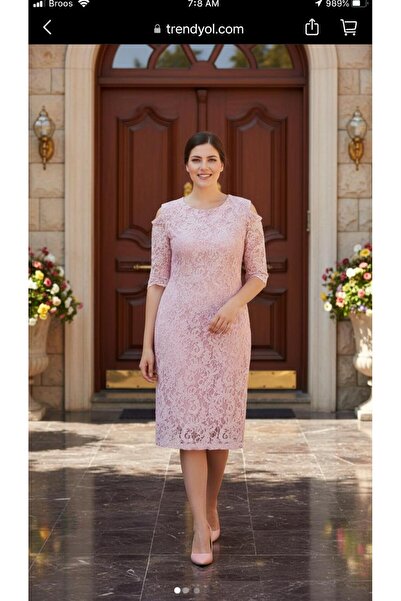 Nidya Moda Kadın Büyük Beden Kadın Pembe Omzu Pencereli Dantel Elbise-4146p