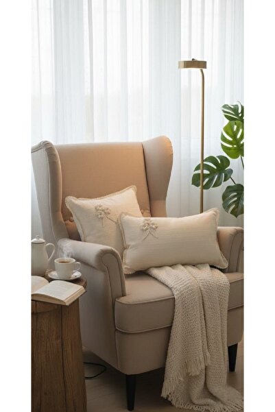 Life Kroşe Detaylı Dantelli Ekru Keten Kırlent Kılıfı