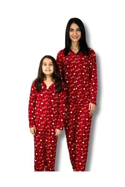 YusGos Mother Daughter Matching Outfit Front Buttoned Peter Pan collar 100% Cotton Love Patterned Pajama Set (Red)
