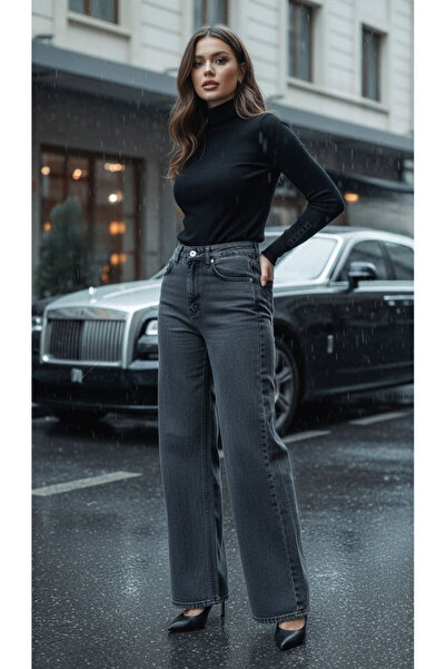 Dema Kadın Denim Pamuklu Gri Yüksek Bel Palazzo Pantolon