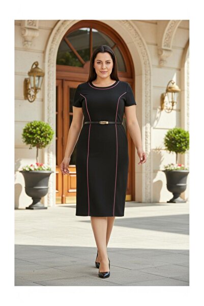 Nidya Moda Büyük Beden Biyeli Siyah Elbise-4084sms
