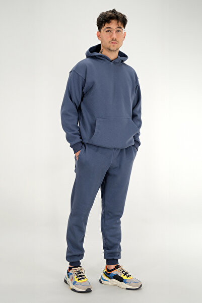 Souris Ανδρικό σετ αθλητικής φόρμας σε μπλε βενζίνη χρώμα, άνετη εφαρμογή, 3 κλωστές, επένδυση fleece χοντρό ύφασμα, κορδόνι μέσης με κορδόνι στο πόδι