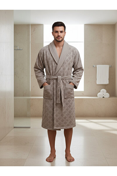 Class Beige Velvet 100% Cotton Jacquard Shawl Men's Bathrobe