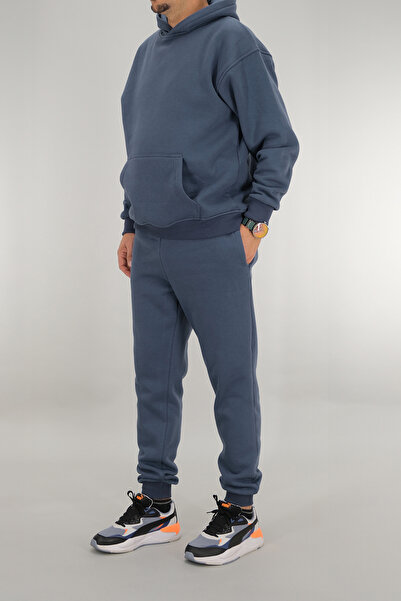 Souris Set de trening pentru bărbați, albastru petrol, confortabil, croială 3 fire cu căptușeală din fleece cu glugă cu șnur, talie cu nervuri