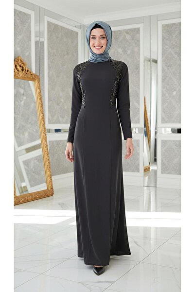 Nidya Moda Tesettür Kadın Lacivert Pullu Payet Kombinli Abiye Elbise-4048pl