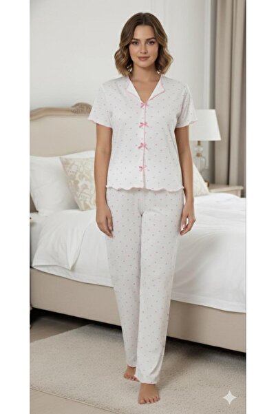 Sude HOMEWEAR Women's Knitted Fabric Blue Flower Pattern Short Sleeve Pajama Set