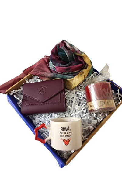 Alanç Yılbaşı Ablaya Özel Hediye Seti, Büyük Boy Şal, Kupa, Cüzdan, Mum