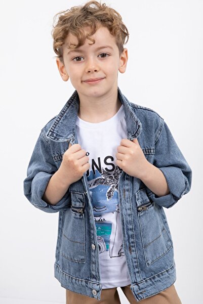 Cansın Mini Синя джинсова куртка на блискавці з кишенями для хлопчиків, штани 3 шт. комплект 20019