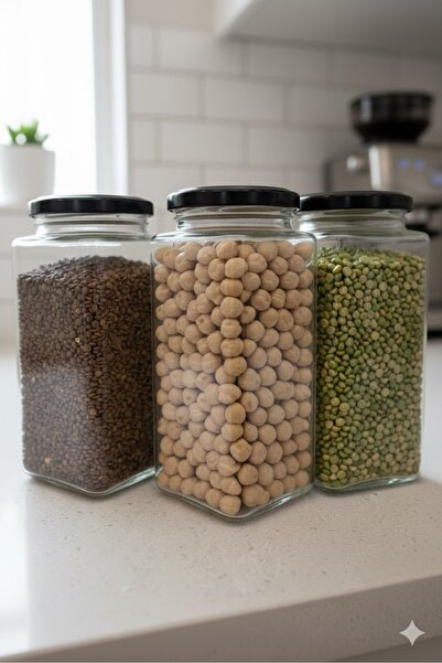 Juniberry 3 Adet Çok Amaçlı Cam Şişe 500cc Şişe Kutu Kavanoz Köşeli Metal Kap...