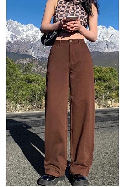 LAMİRA Women's Coffee High Waist Wide Leg Wide Leg Pants Fuu