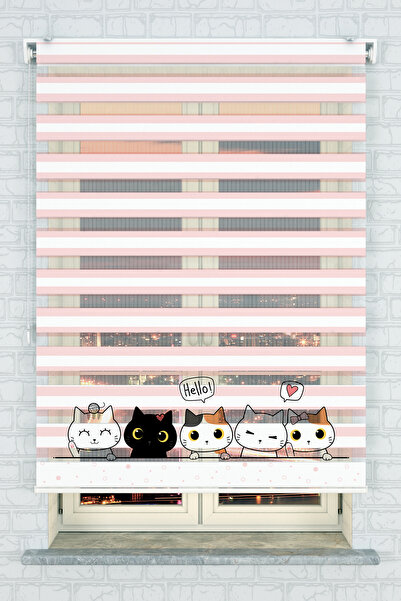 akel collection Çocuk Odası - Sevimli Arkadaş Kediler Baskılı Zebra Stor Perde