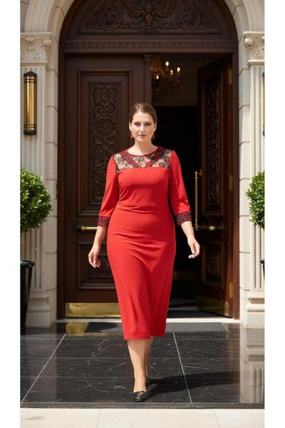 Nidya Moda Kadın Kırmızı Dantel Roba V Bantlı Taş I?şli Abiye Elbise 4025ak