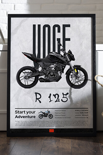Duvarda Voge R 125 Siyah Ahşap Çerçeveli Poster, Dekoratif Motosiklet Duvar Tablosu