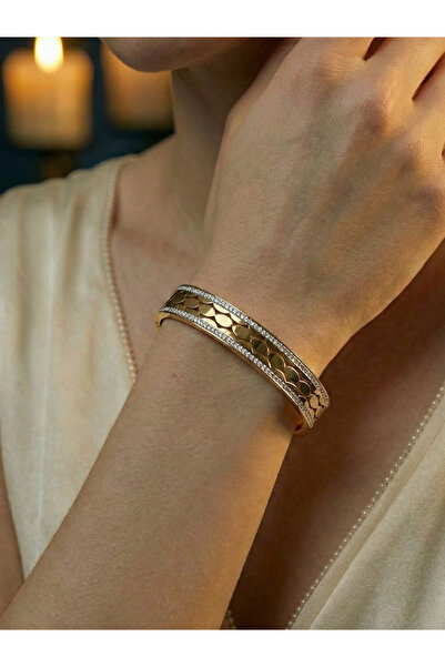 Giden Aksesuar Lüx Arpa Desen Kelepçe Bileklik | Çelik Kelepçe