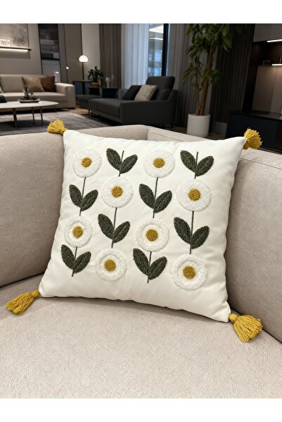 MACASA Husă pentru pernă din material textil alb, 100% bumbac, brodat cu un s...