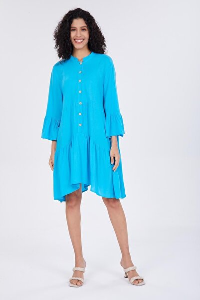 della moor Turquoise Half Buttoned Ruffle Loose Dress