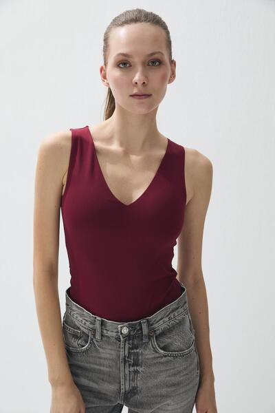 TUBİA Women's Burgundy Color V-Neck Snap-On Bodysuit